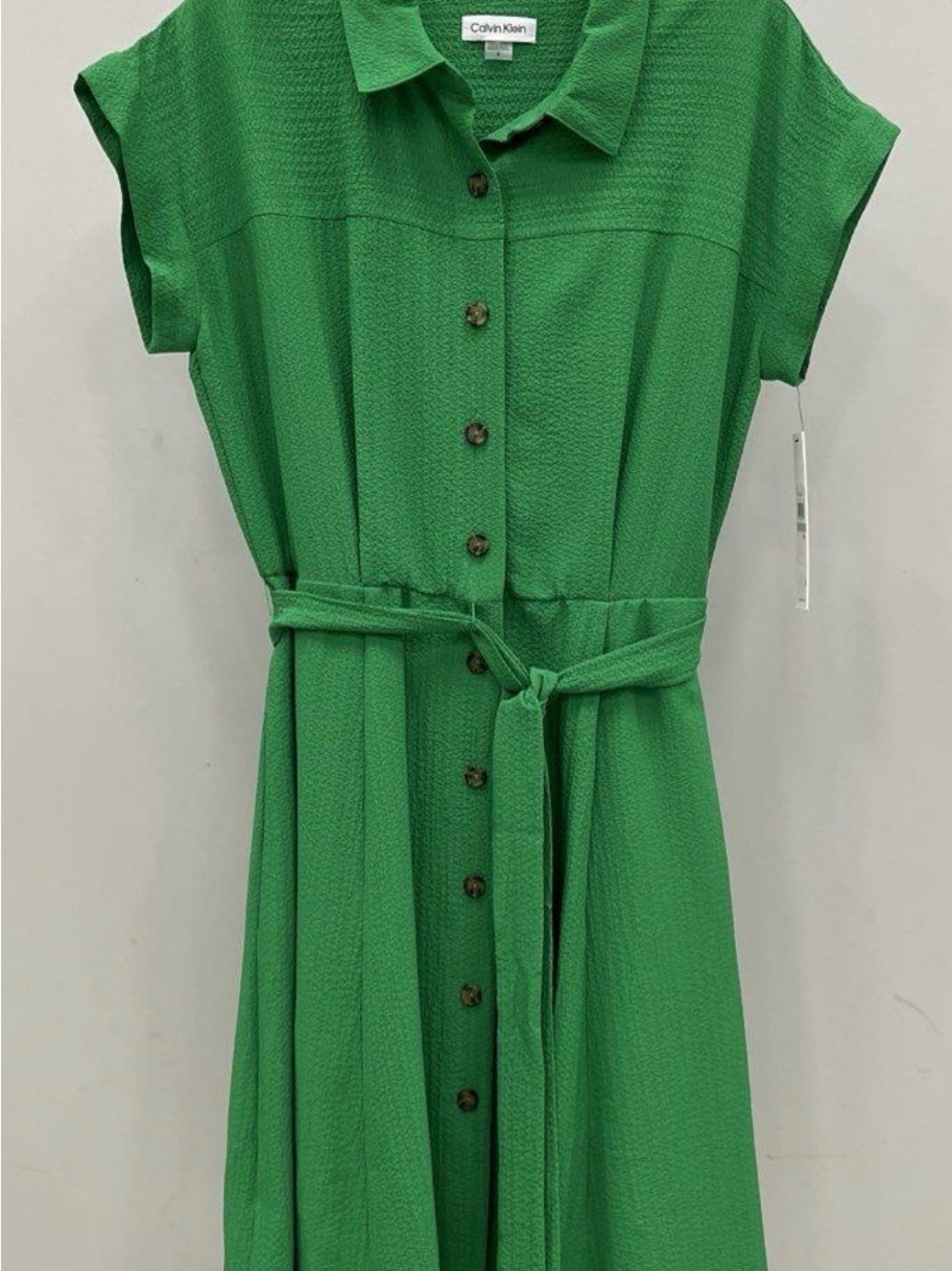 Calvin Klein Green Button-Front Midi Dress with Waist Tie NWT